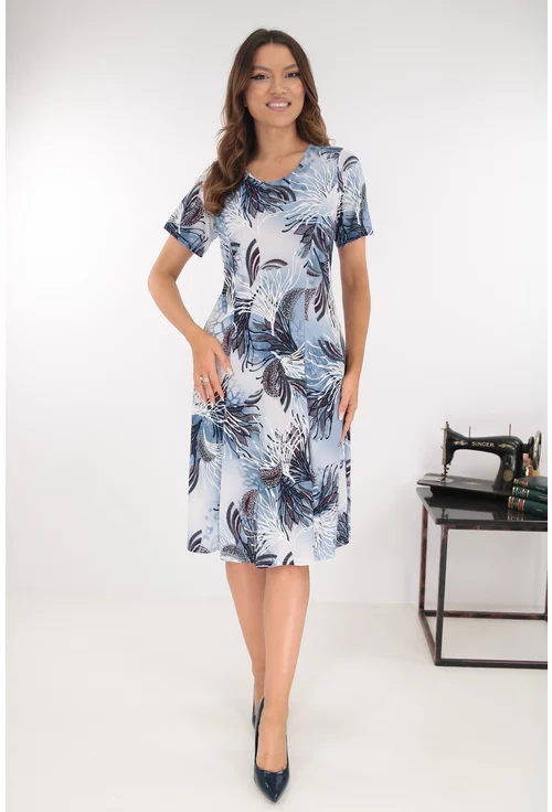 Rochie bleu in clini cu print floral bleumarin-alb