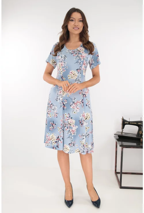 Rochie bleu in clini cu print floral roz-crem