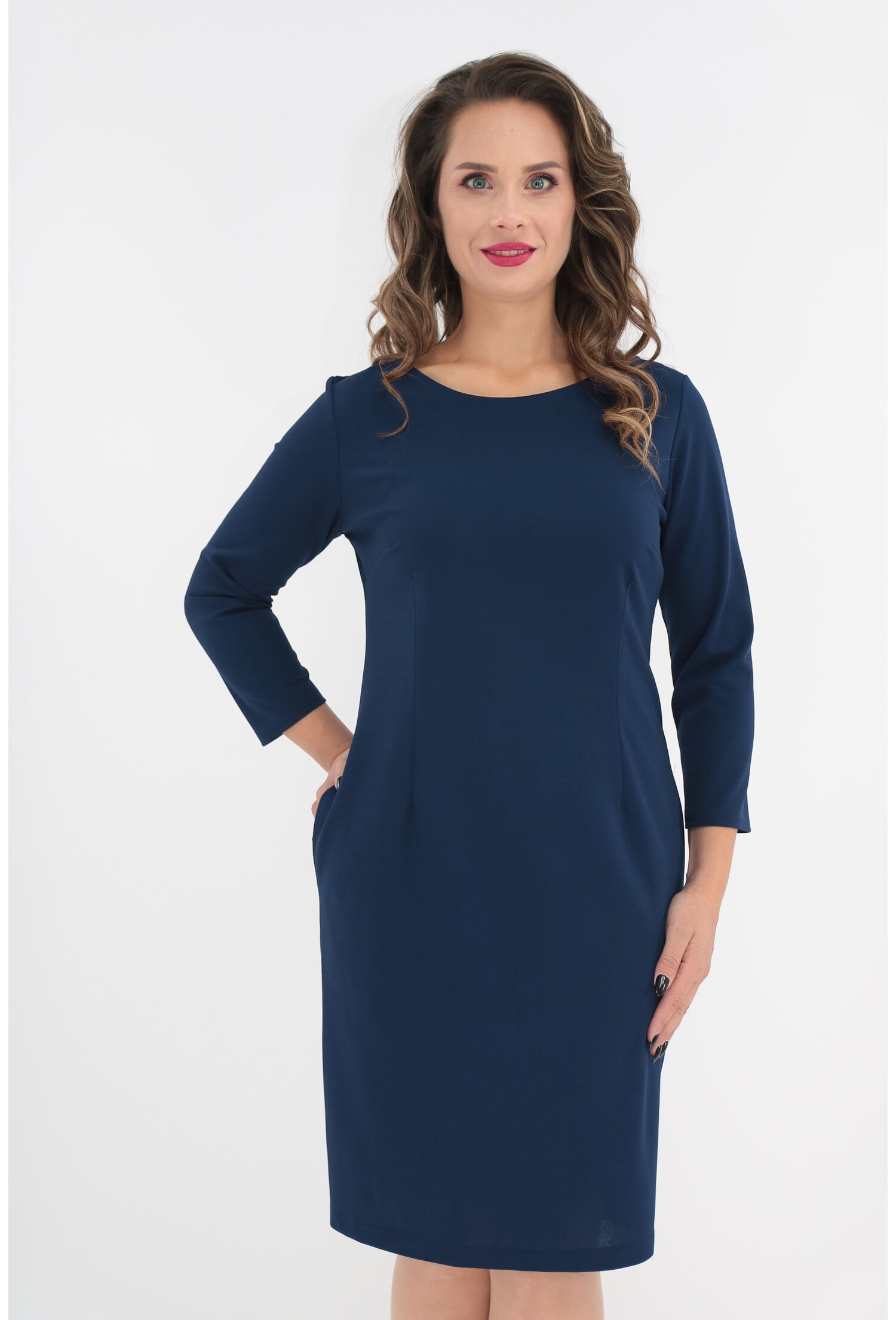 Rochie bleumarin cu buzunare si nasturi pe umar
