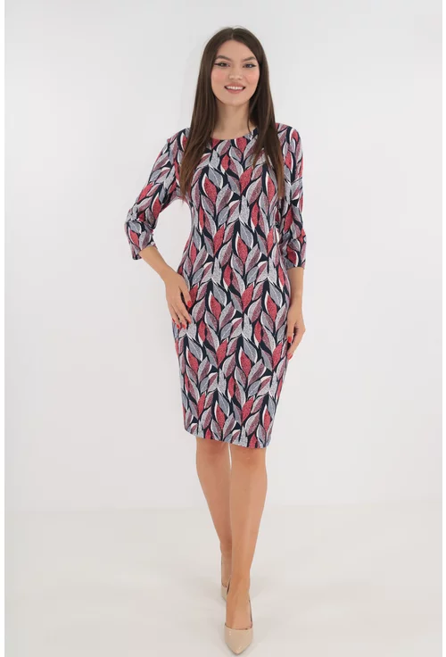 Rochie bleumarin cu frunze rosii imprimate