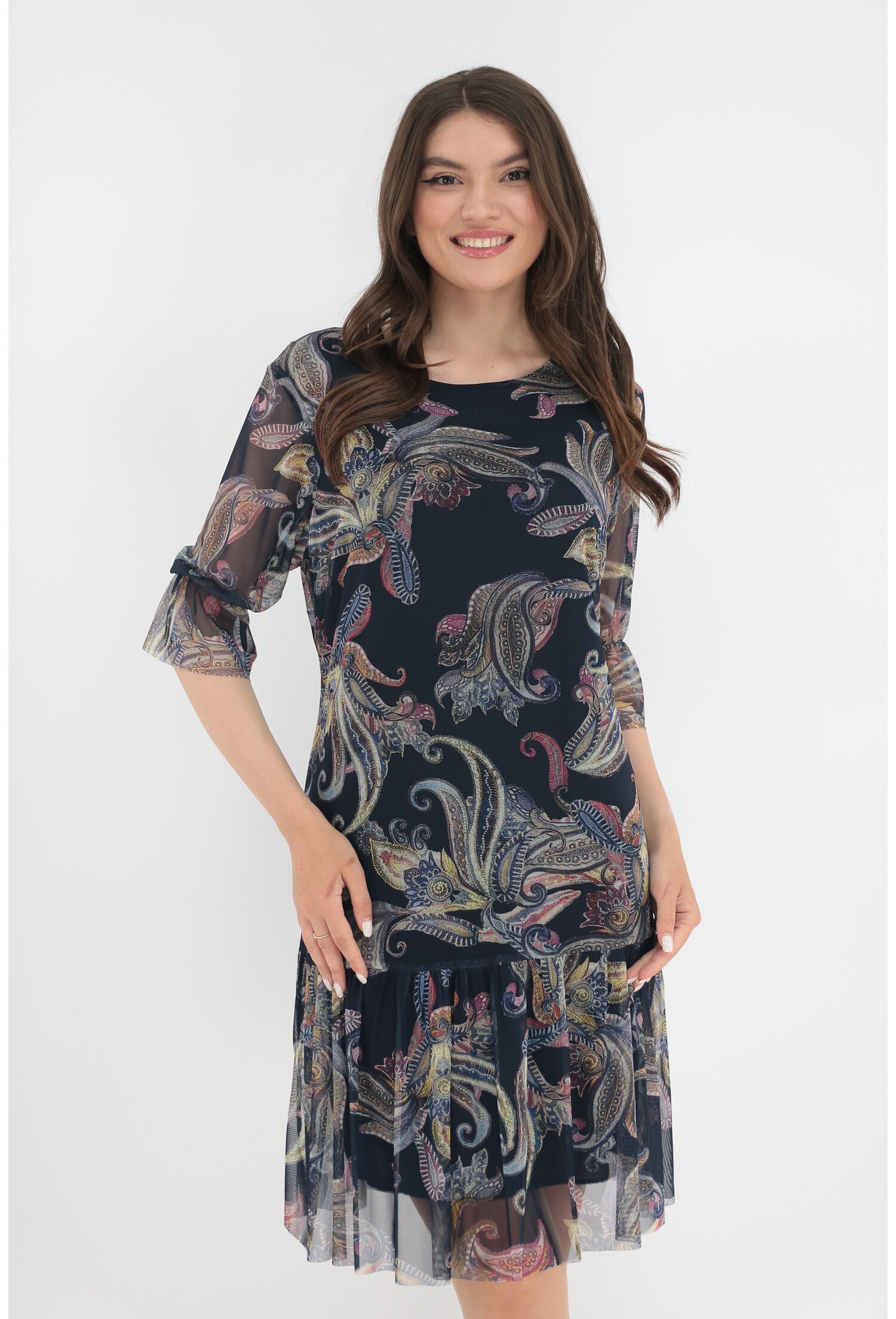 Rochie bleumarin cu print abstract si volan la tiv - Rochii-Dama.ro