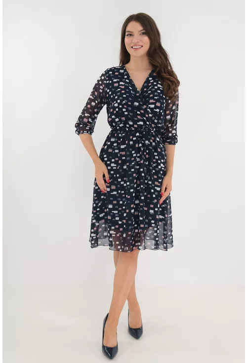 Rochie bleumarin cu print geometric roz-alb