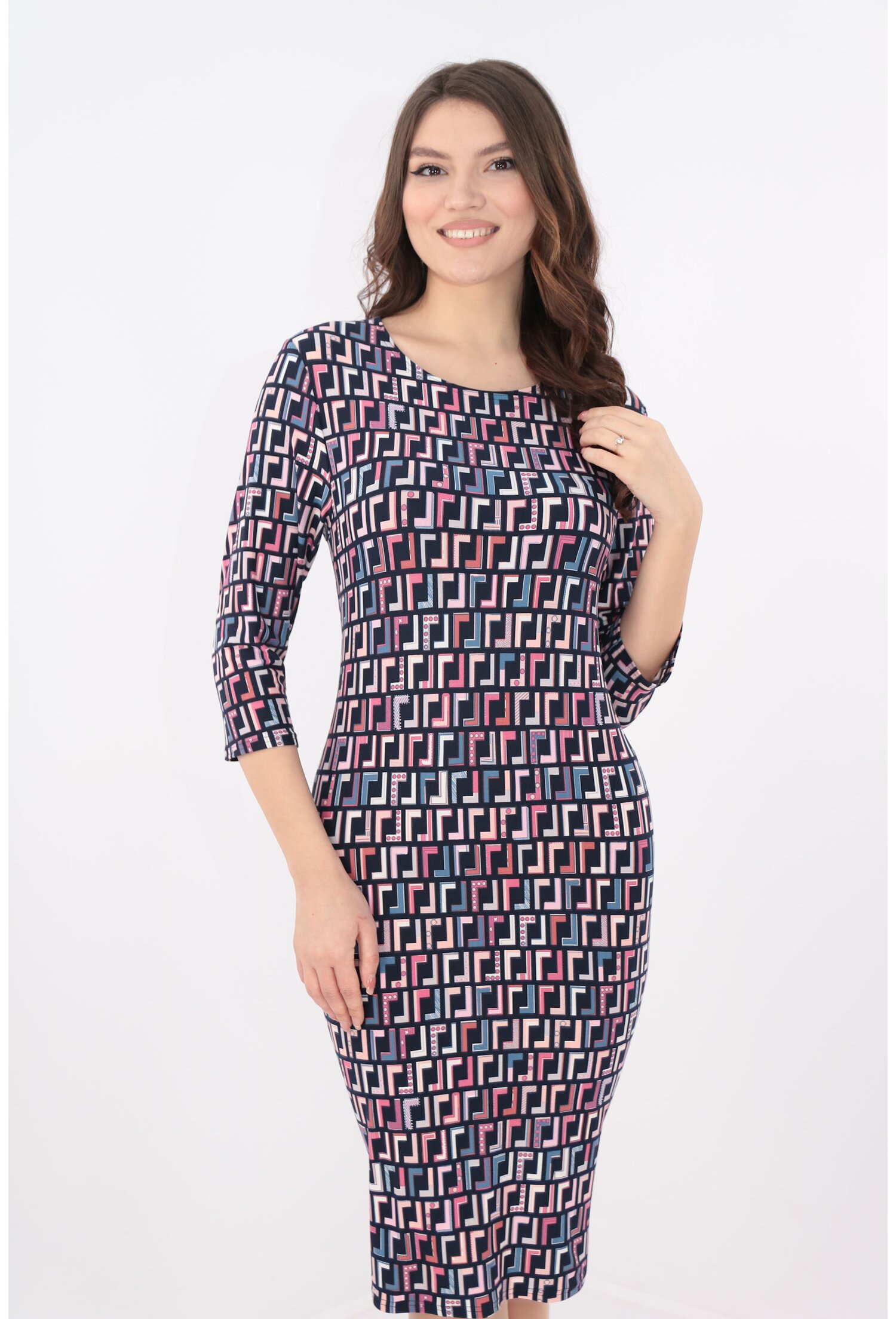 Rochie bleumarin cu print geometric roz-bleu