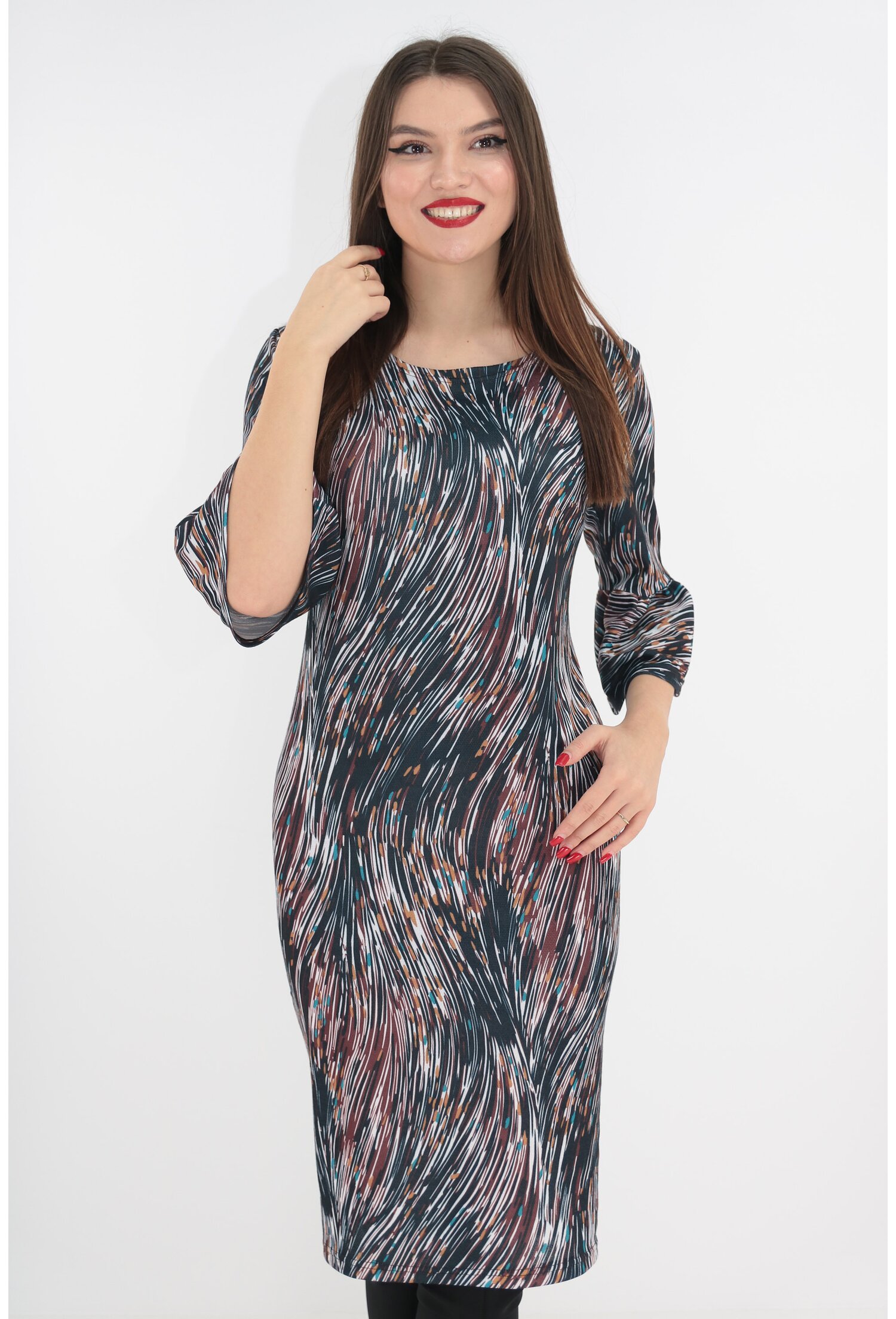 Rochie bleumarin cu print multicolor si maneci cu volane