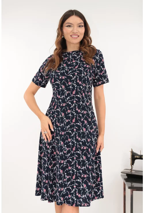 Rochie bleumarin in clini cu flori discrete albe si rosii