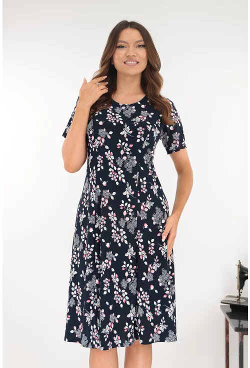 Rochie bleumarin in clini cu flori discrete roz