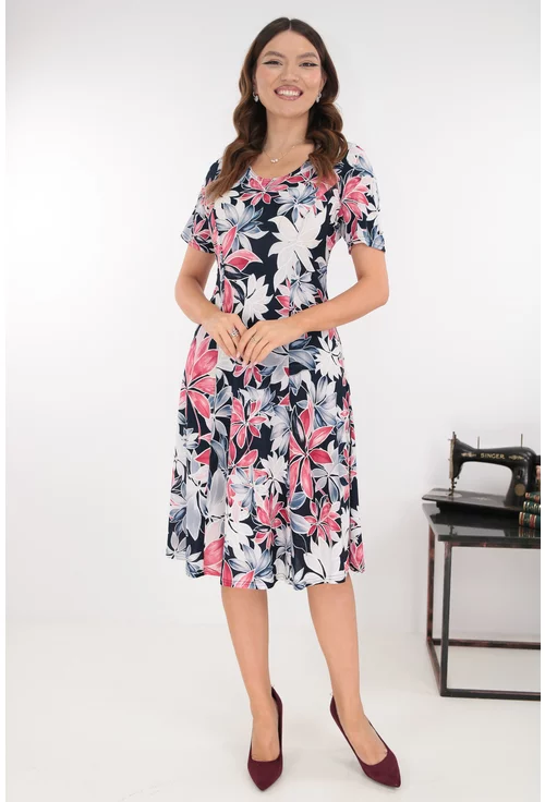 Rochie bleumarin in clini cu flori maxi corai