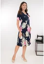Rochie bleumarin in clini cu flori maxi roz-bej