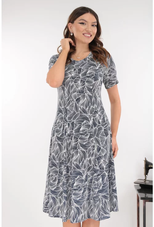 Rochie bleumarin in clini cu print abstract alb
