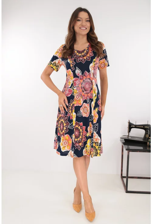 Rochie bleumarin in clini cu print floral caramiziu