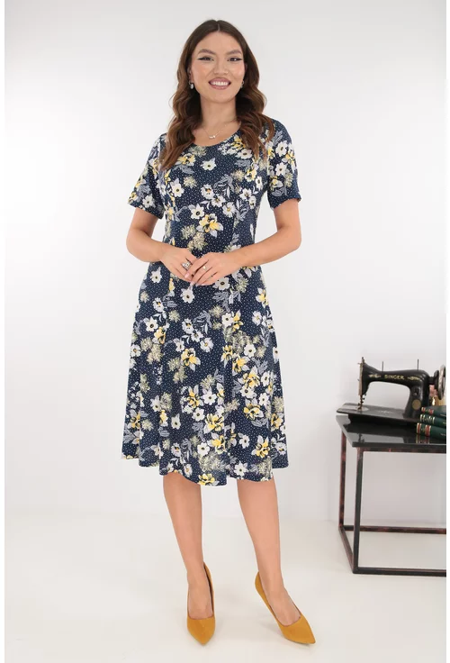 Rochie bleumarin in clini cu print floral galben