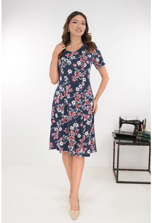 Rochie bleumarin in clini cu print floral rosu-gri