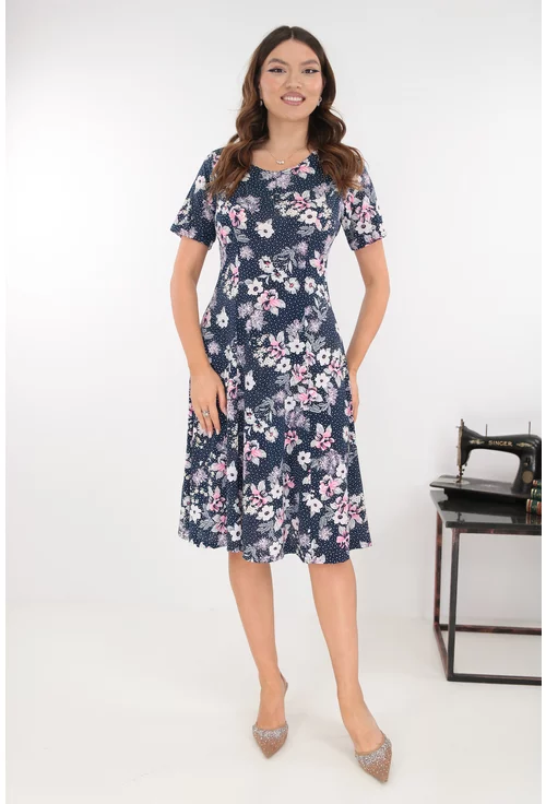 Rochie bleumarin in clini cu print floral roz-gri