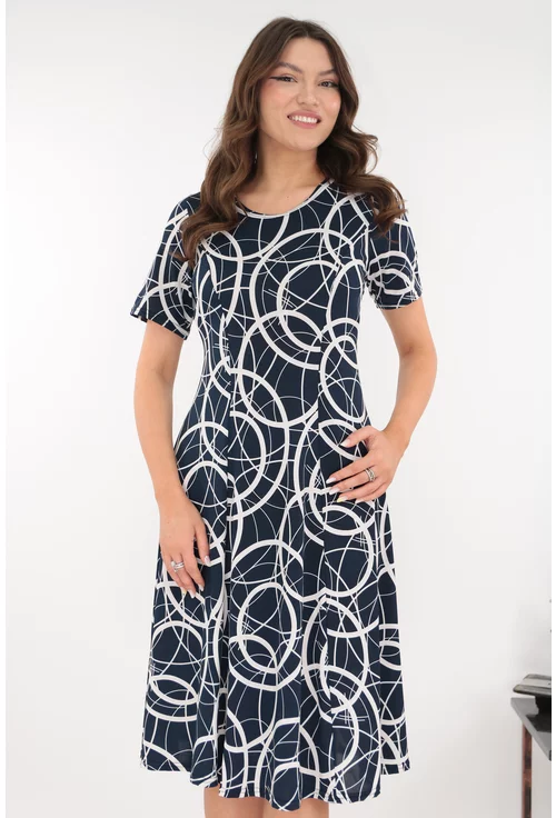 Rochie bleumarin in clini cu print geometric alb