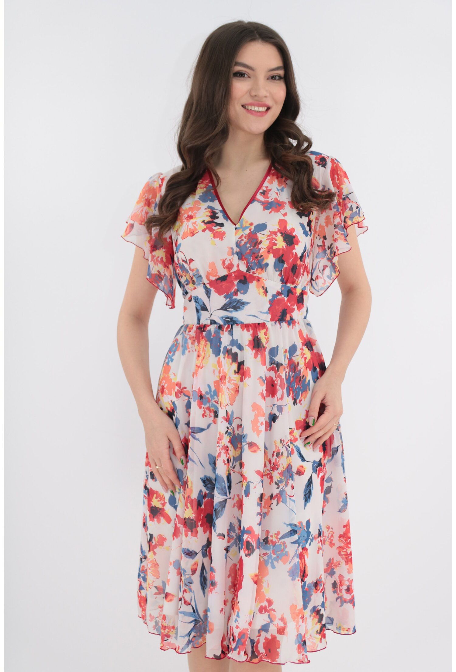 Rochie clos alba cu desen floral multicolor