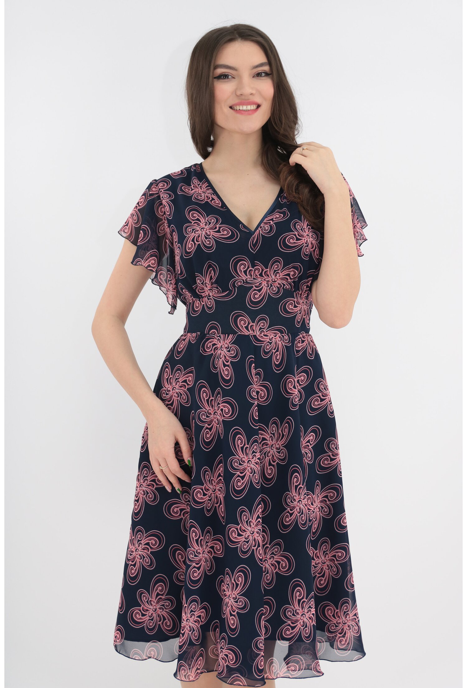 Rochie clos bleumarin cu desen floral roz