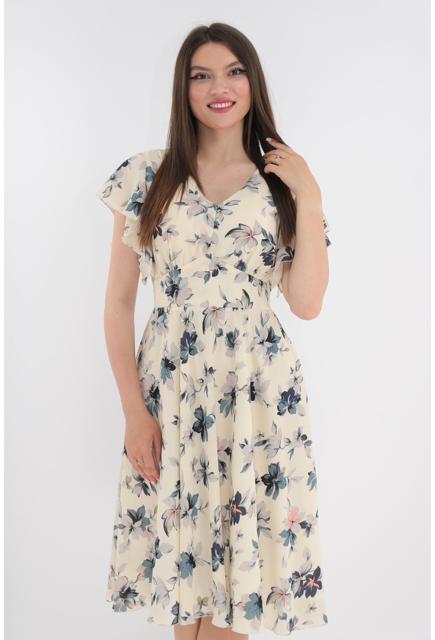 Rochie cu imprimeu floral clos crem gri