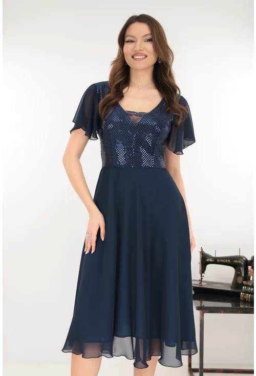 Rochie clos eleganta din voal bleumarin cu paiete