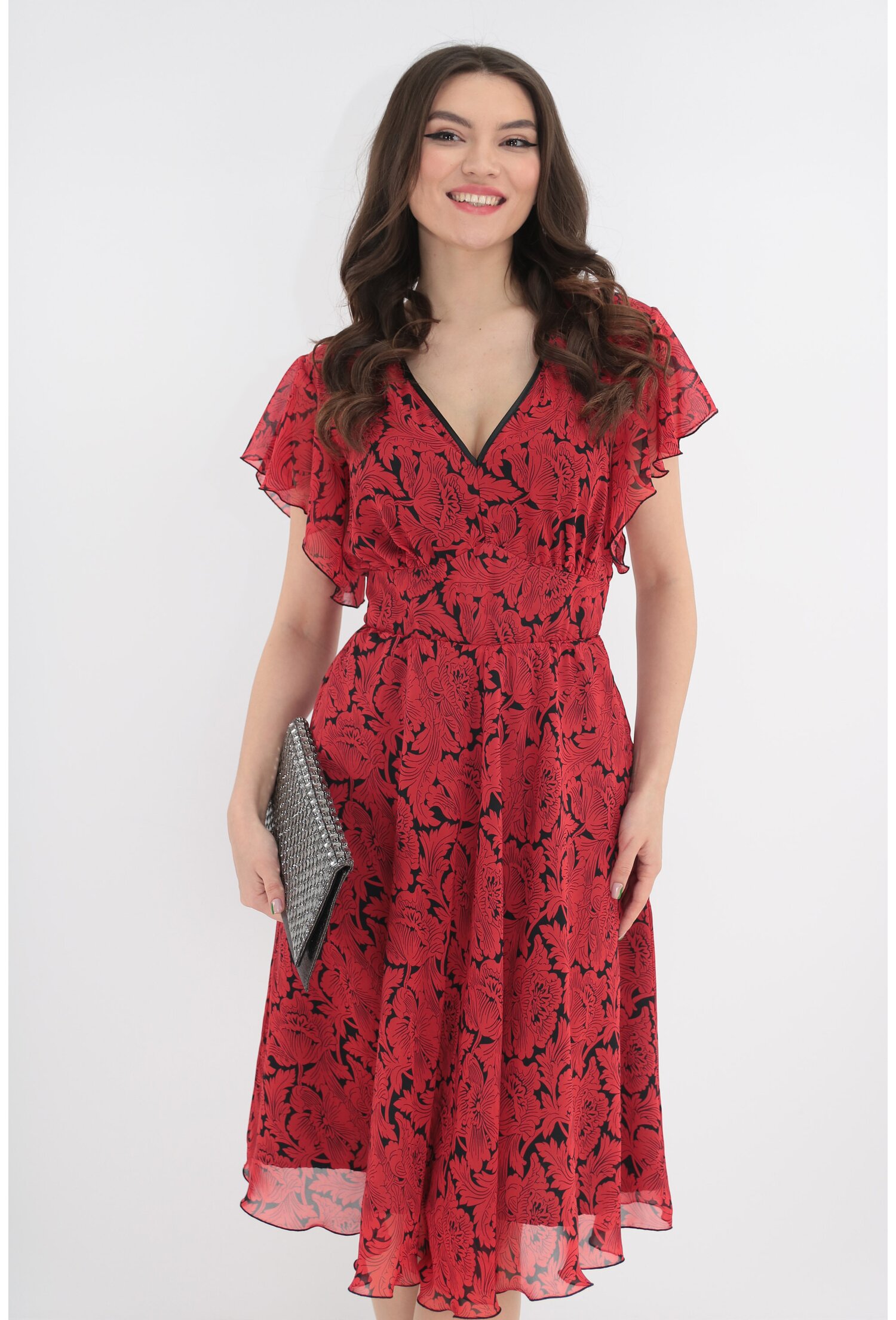 Rochie clos rosie cu desen floral negru