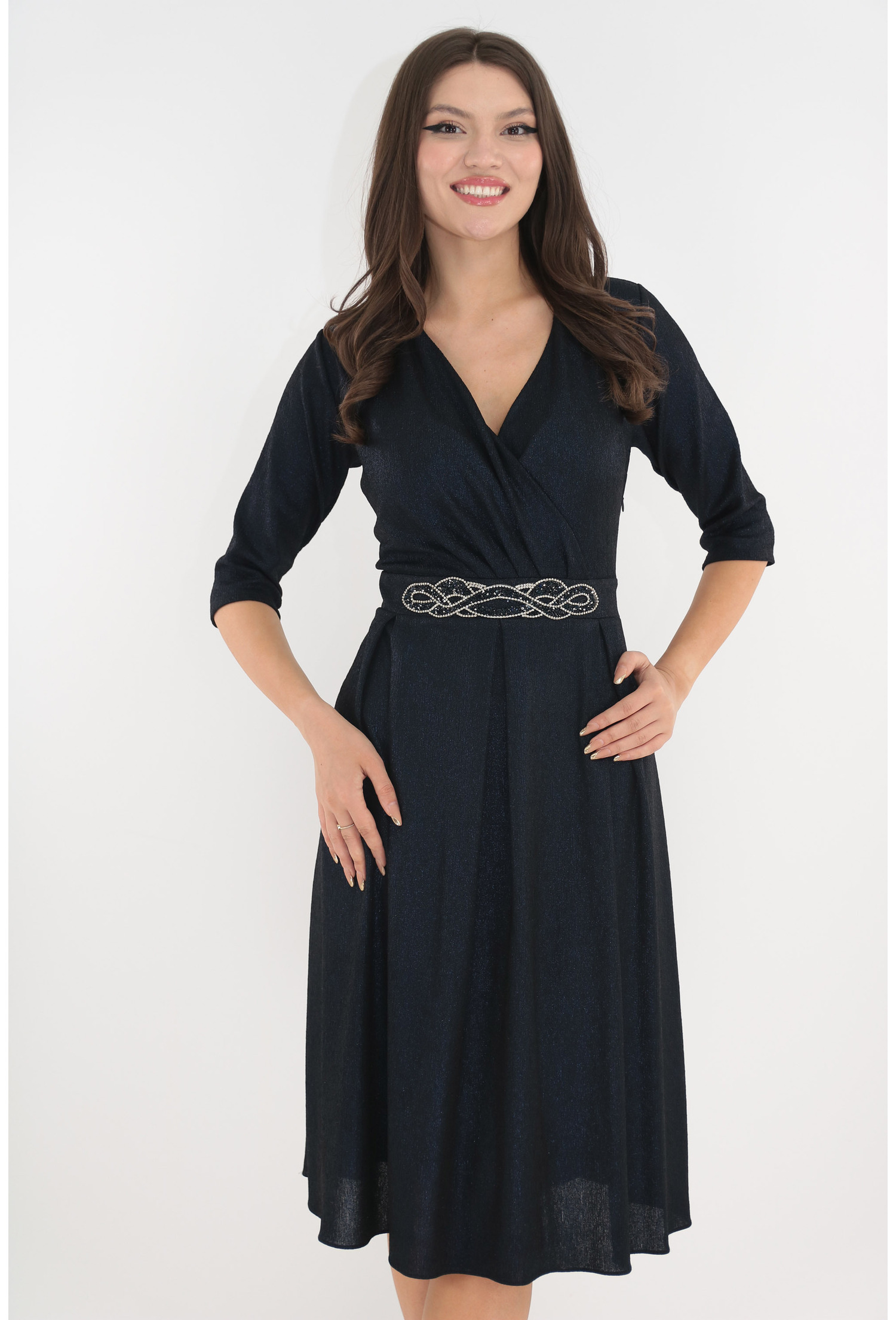 Rochie de ocazie bleumarin cu pliuri si strasuri in talie