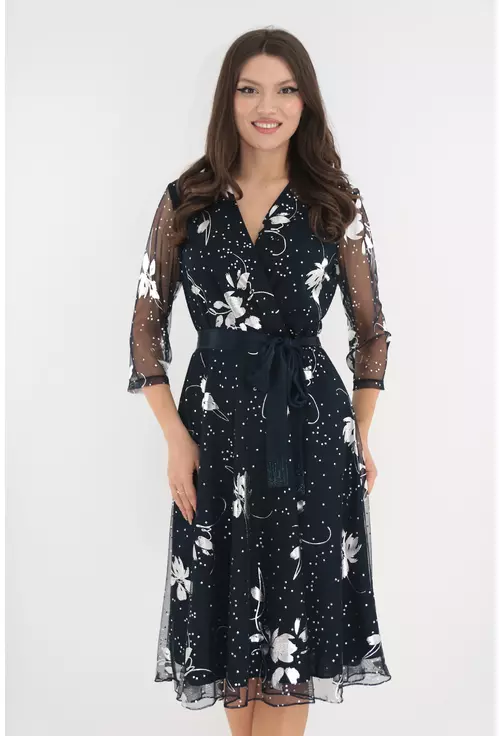 Rochie de ocazie clos din mesh bleumarin cu print argintiu