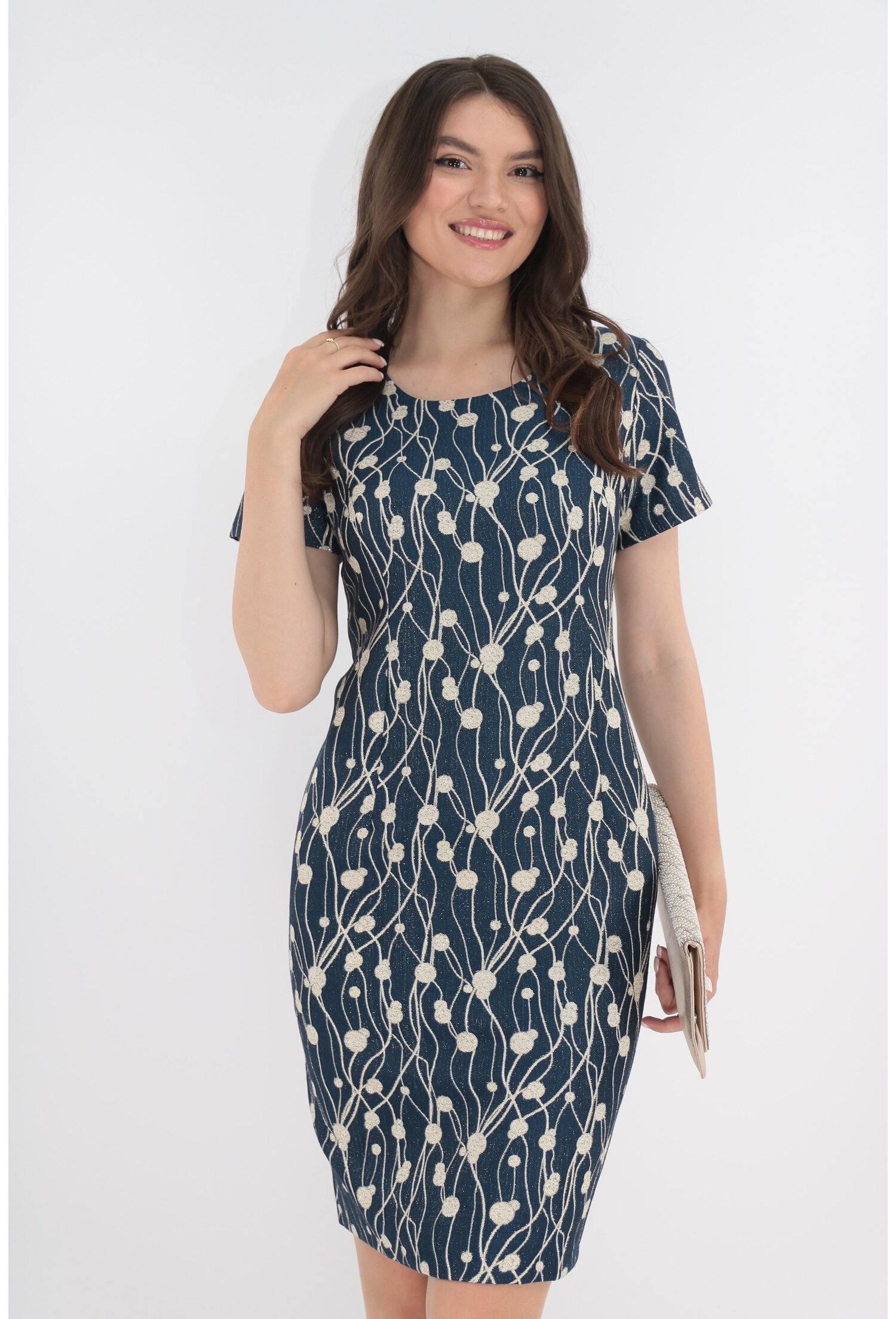Rochie De Ocazie Din Brocard Bleumarin Cu Model Auriu
