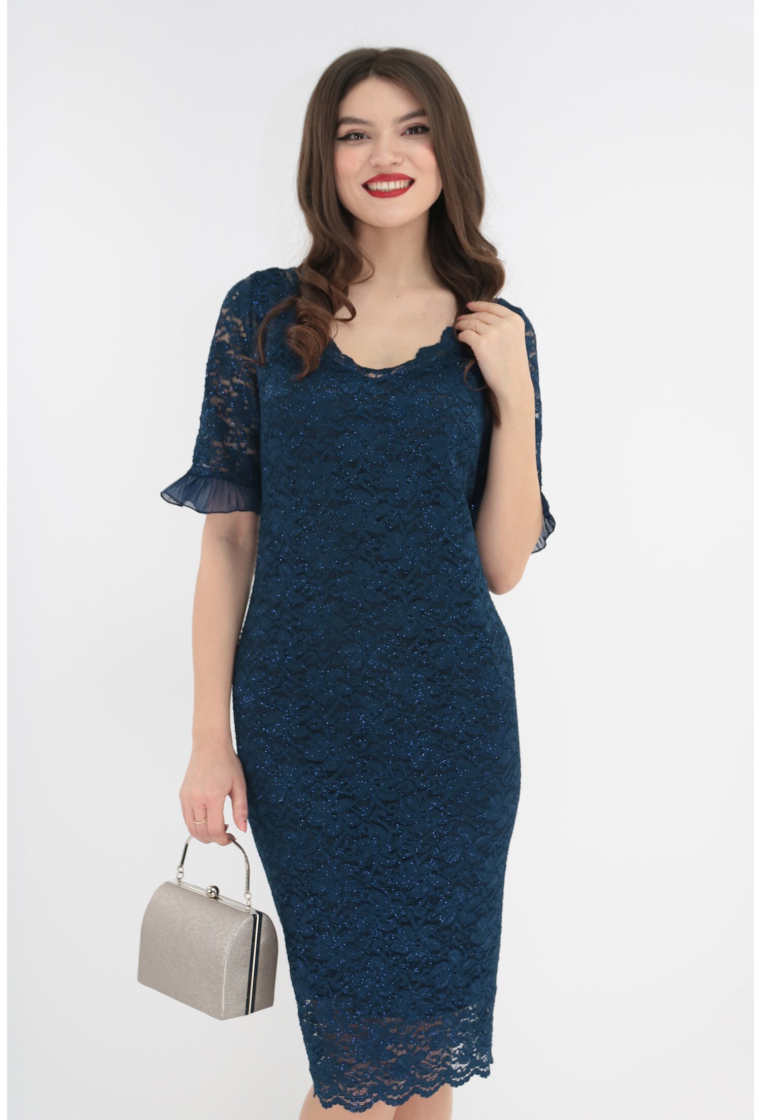 Rochie de ocazie din dantela bleumarin cu glitter