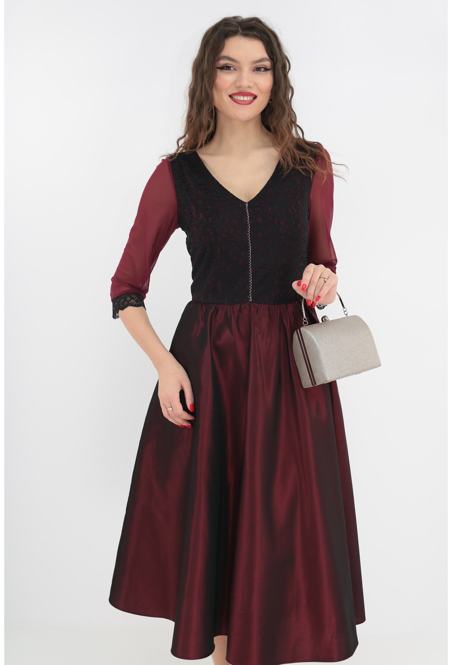 Rochie de ocazie din dantela fina si tafta bordo