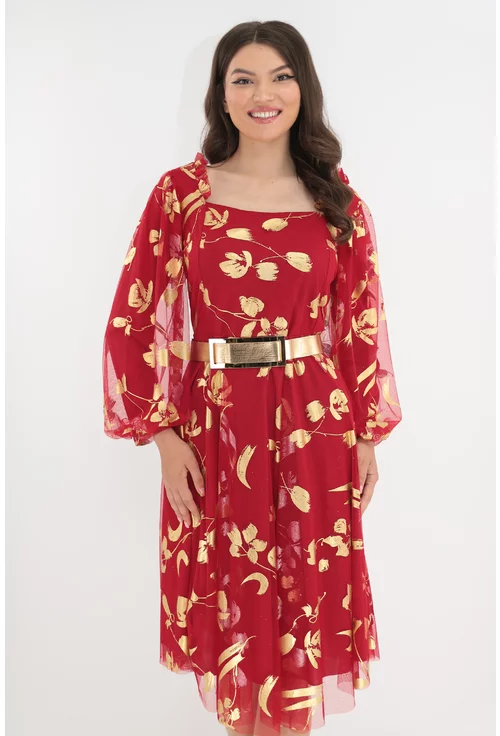 Rochie de ocazie din tull rosu cu imprimeu auriu