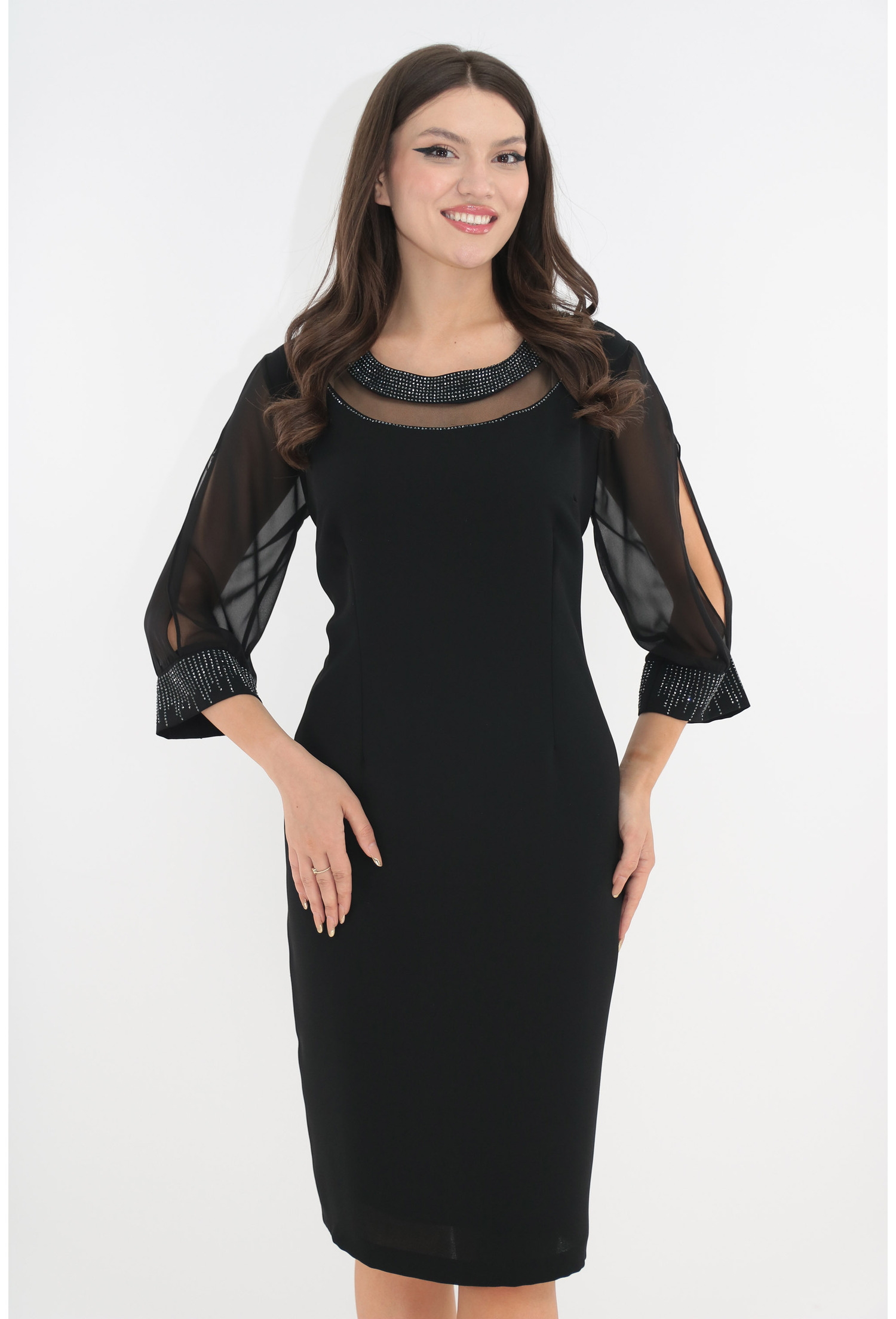 Rochie de ocazie neagra cu strasuri la decolteu si maneci