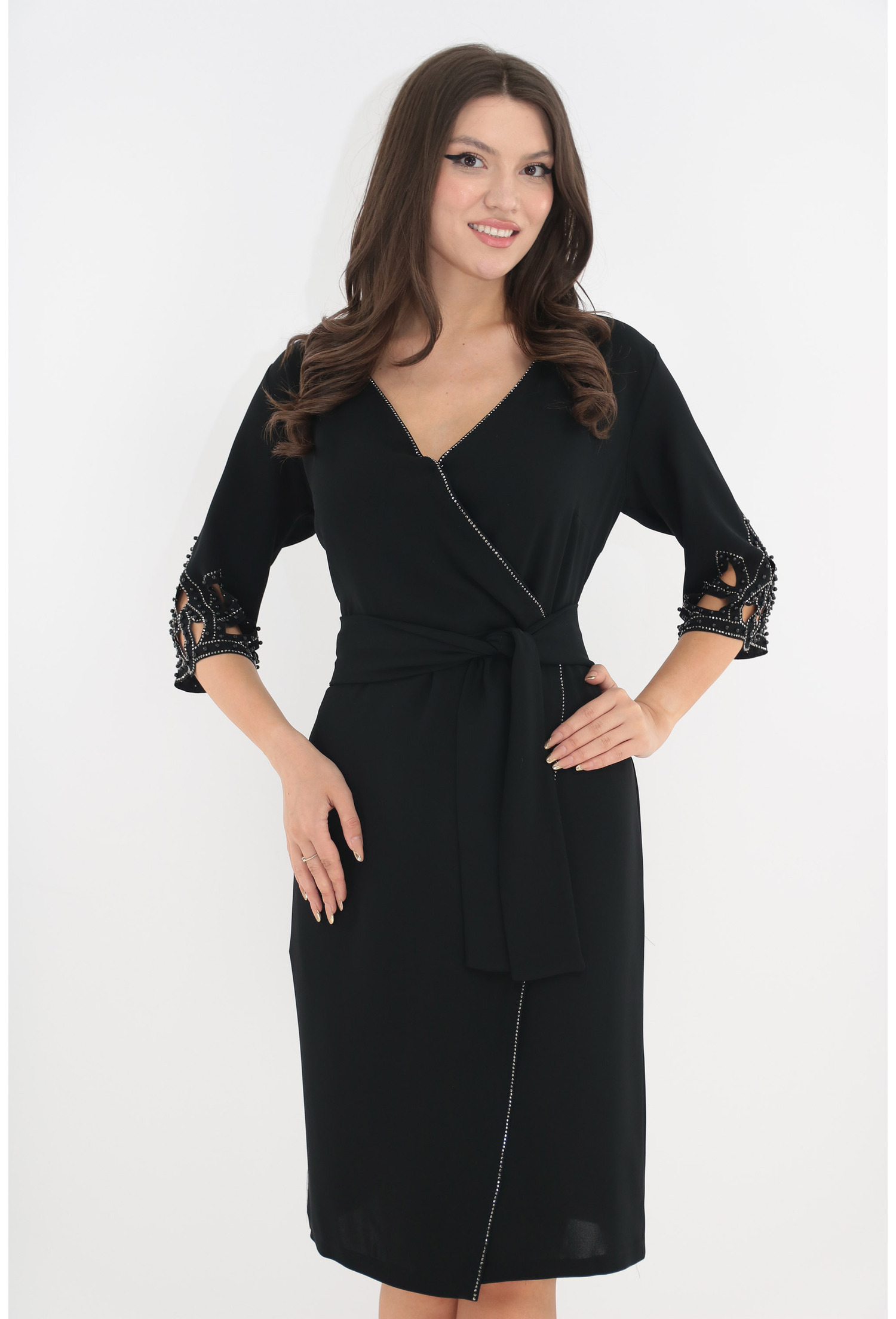 Rochie de ocazie neagra parte peste parte cu strasuri argintii la maneci