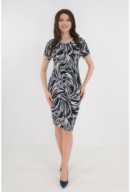 Rochie de zi bleumarin cu imprimeu abstract crem