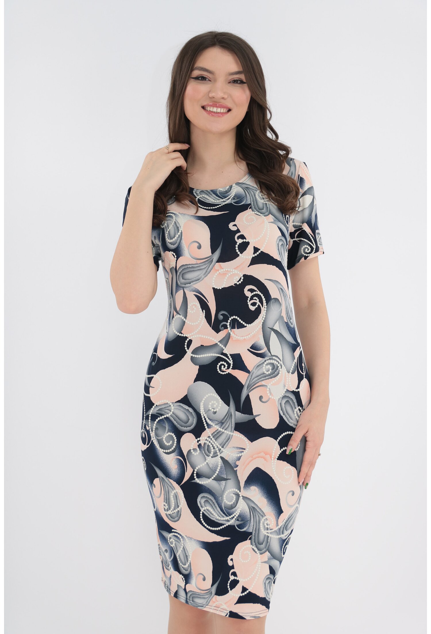 Rochie de zi cu imprimeu abstract bleumarin-roz - Rochii-Dama.ro