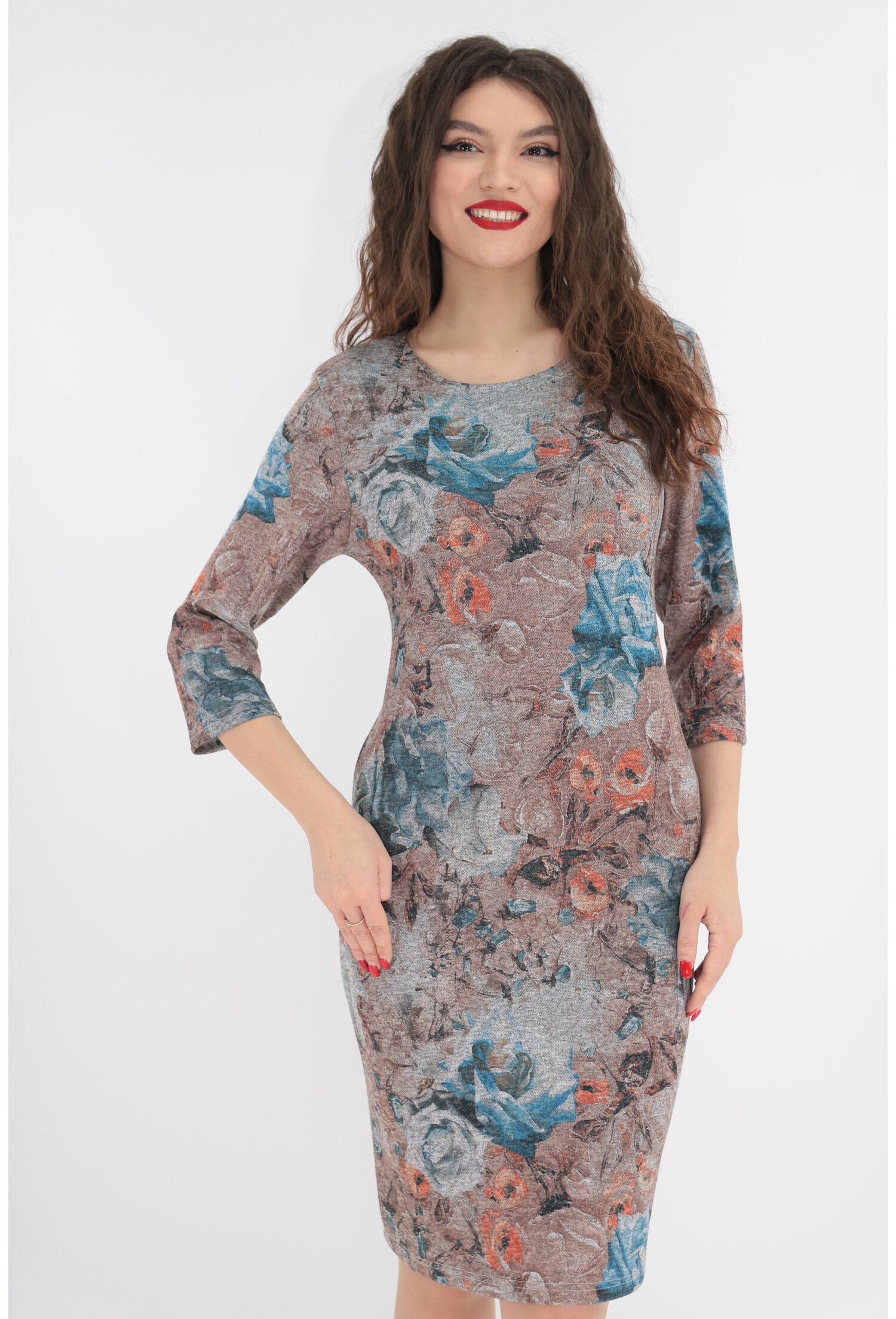 Rochie de zi cu imprimeu floral albastru-bej
