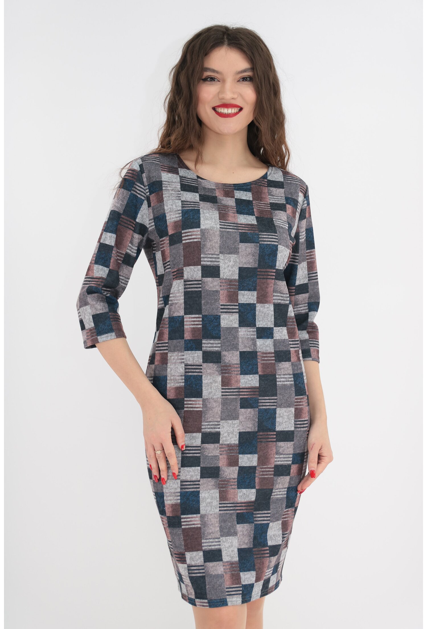 Rochie de zi cu print geometric bleumarin-gri