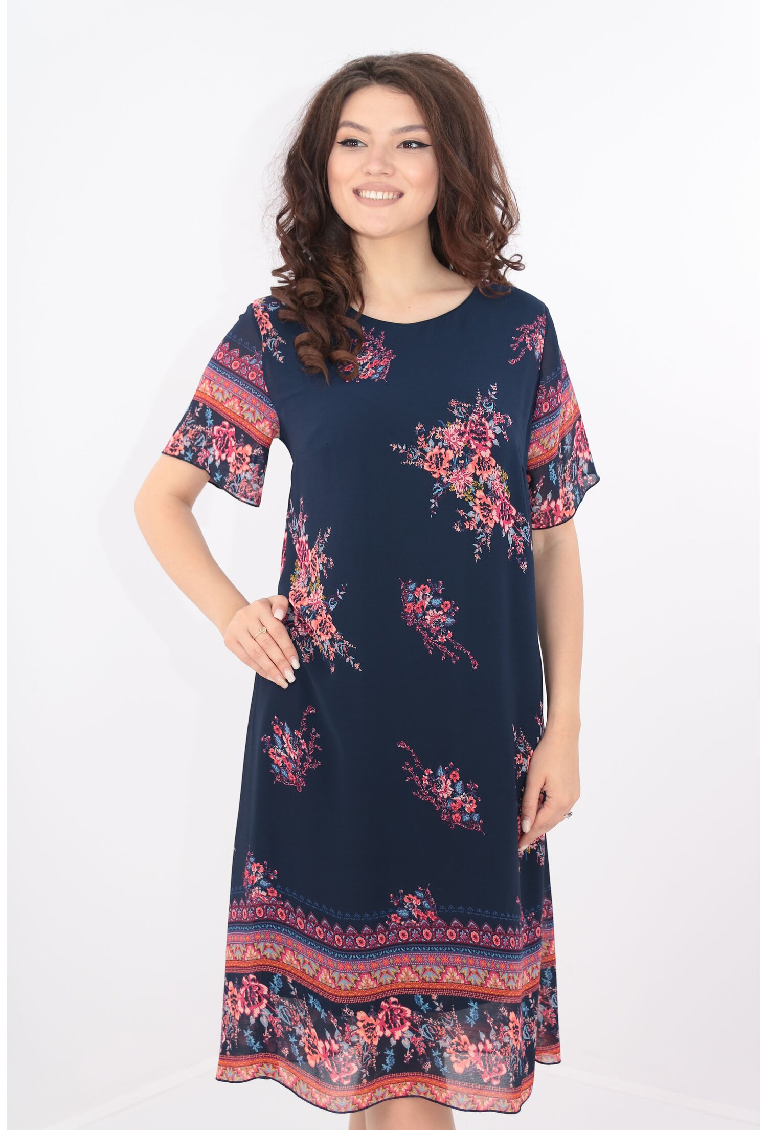 Rochie diafana din voal bleumarin cu print floral bordurat