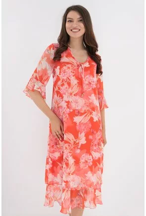 Rochie diafana din voal corai cu print floral roz