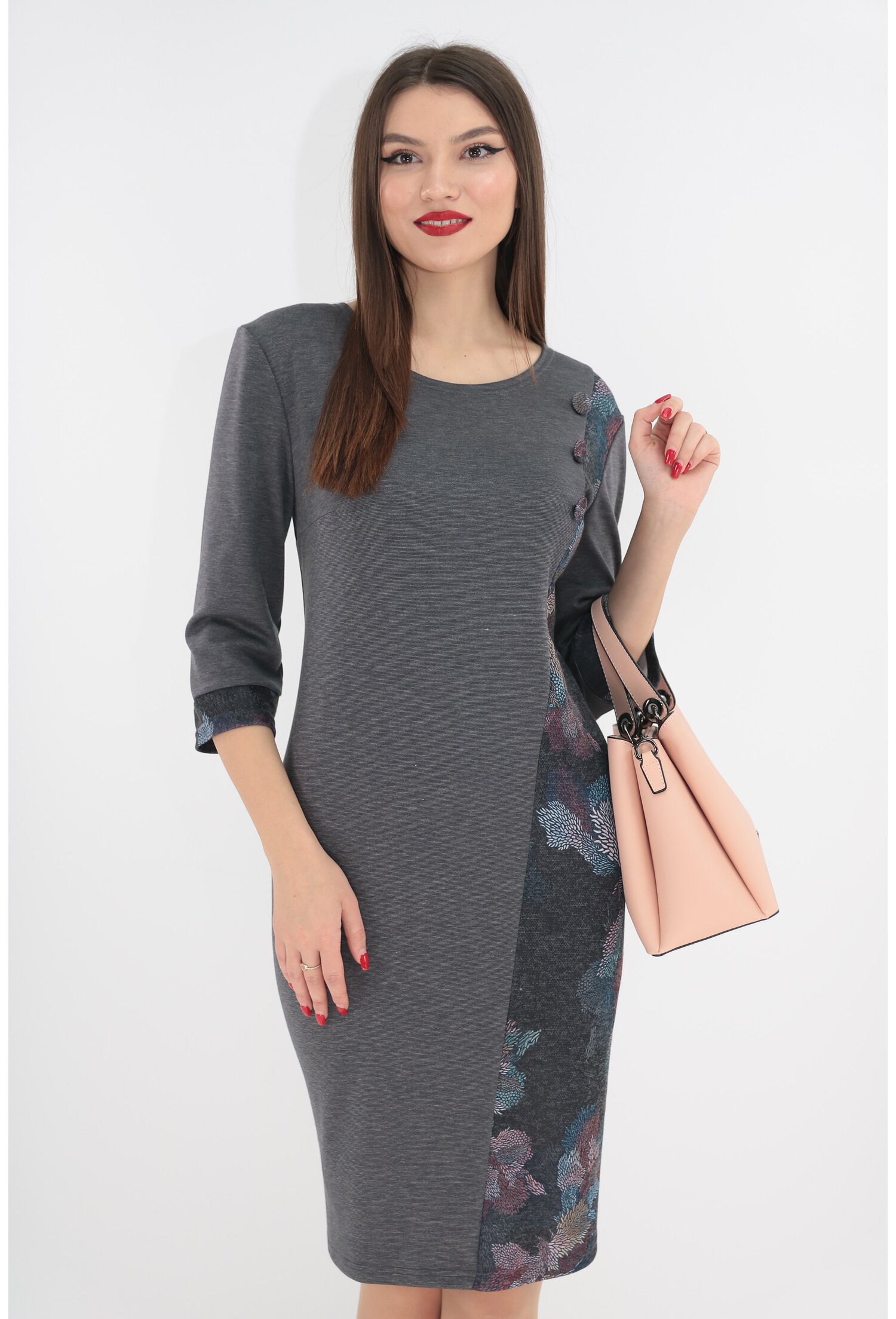Rochie din jerse gri cu garnituri cu print floral maxi
