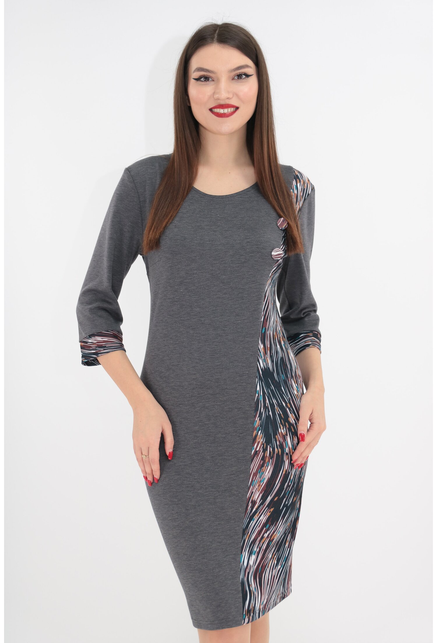 Rochie din jerse gri cu garnituri multicolore