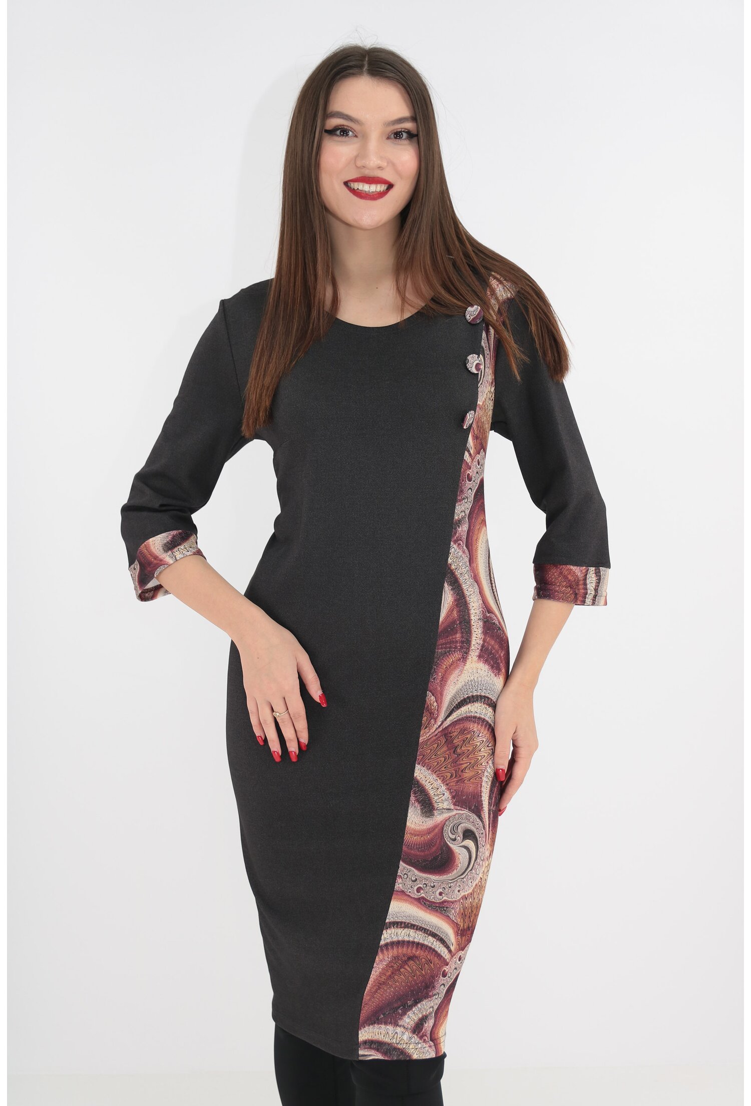 Rochie din jerse gri inchis cu garnituri caramizii cu print abstract