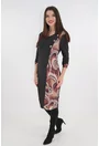 Rochie din jerse gri inchis cu garnituri caramizii cu print abstract