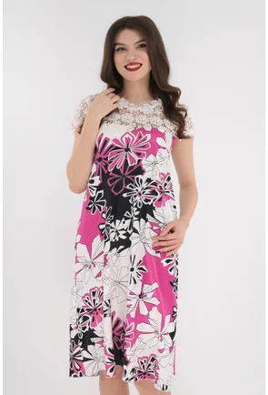 Rochie din saten cu print fucsia si dantela alba