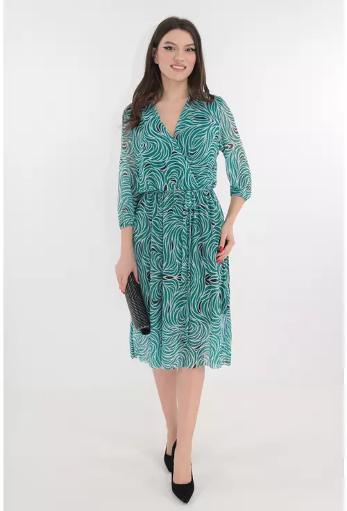 Rochie din tull cu print abstract verde-alb