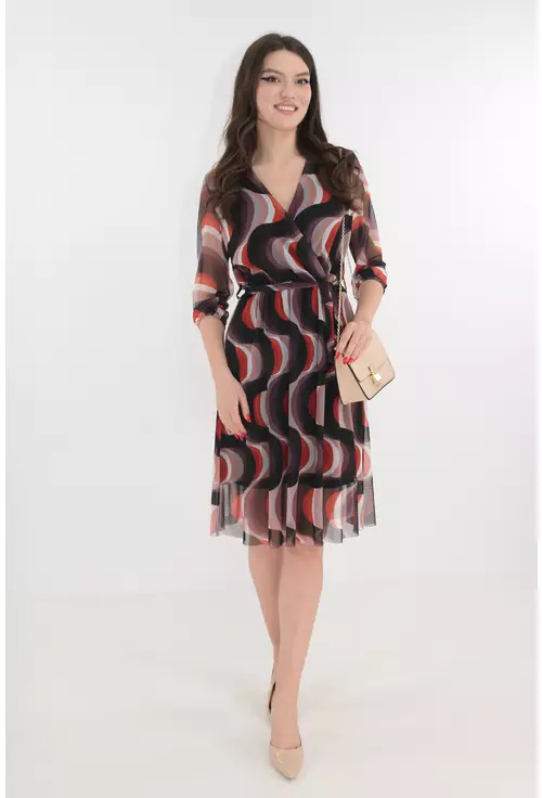 Rochie din tull cu print geometric negru-corai