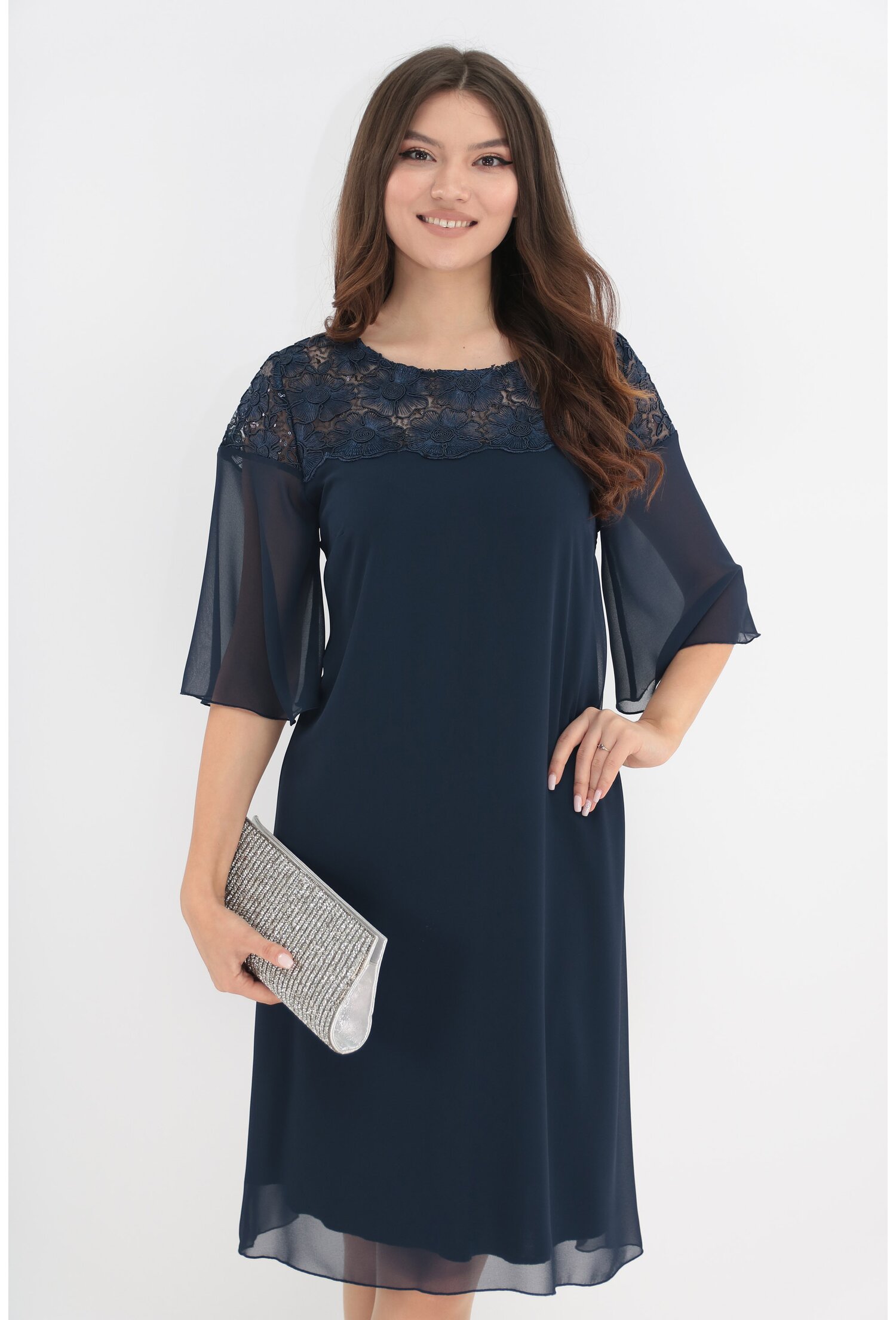 Rochie din voal bleumarin cu broderie florala 3d