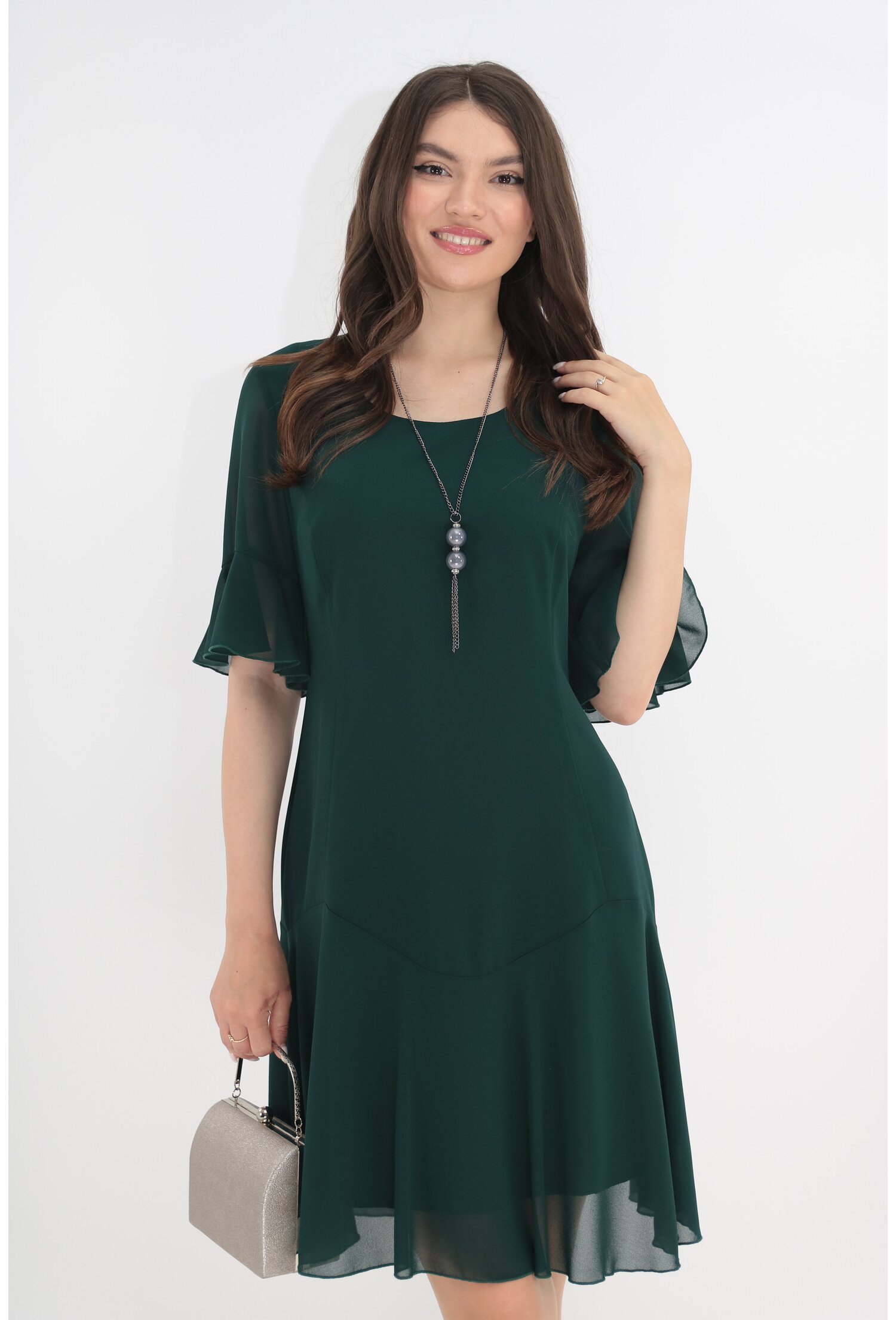 Rochie din voal verde-smarald cu volanase - Rochii-Dama.ro