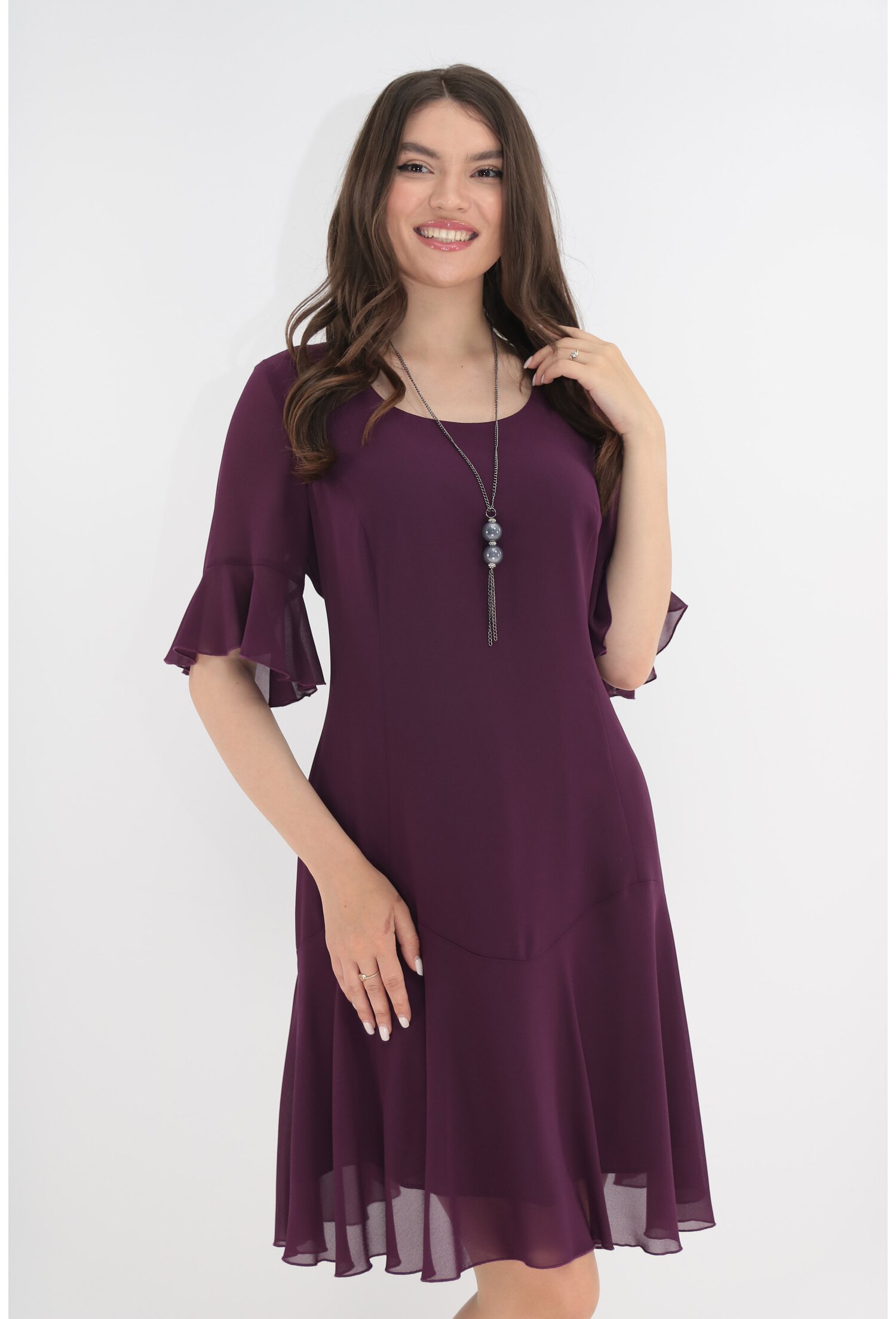 Rochie din voal violet cu volanase