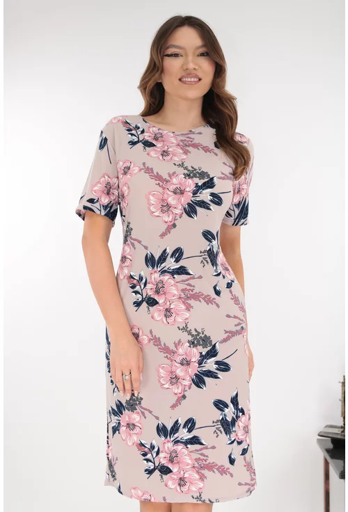 Rochie dreapta bej cu imprimeu floral maxi roz