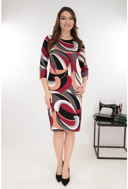 Rochie dreapta bej cu print abstract gri-bordo