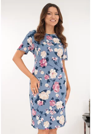Rochie dreapta bleu cu imprimeu floral roz-bej
